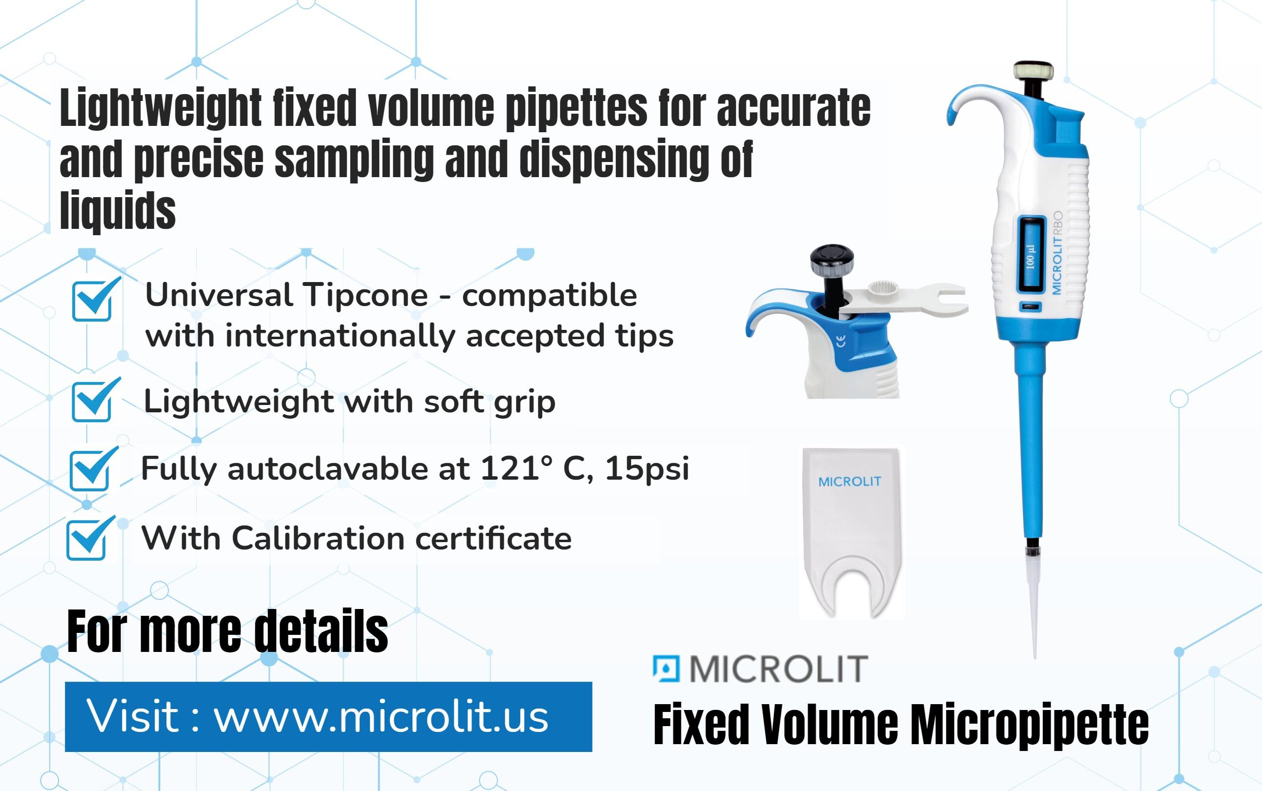Image - Microlit offers the standard quality #FixedVolumePipette for accurate and precise sampling and dispensing of ...